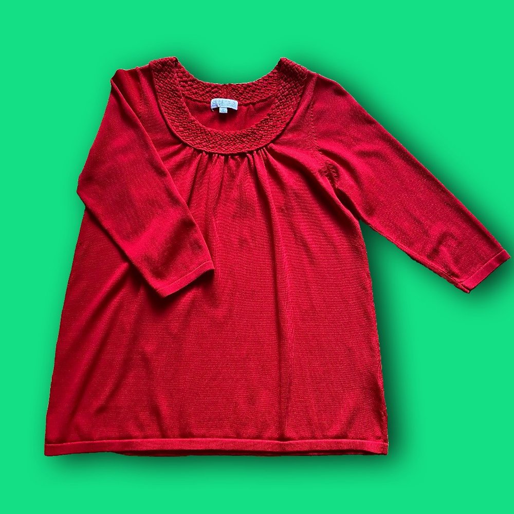 red ribbed long-sleeved top with braided collar